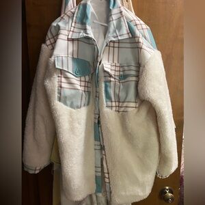 Blue and white plaid and fleece jacket